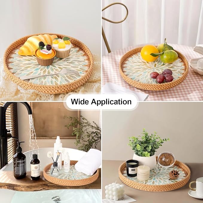 Round Rattan Tray with Mother of Pearl Inlay, Rattan Serving Tray for Coffee, Bread, Fruits, Decorative Wicker Tray for Table Decor, Home Decor, Kitchen Island Decor (Ambilight, 11.8")