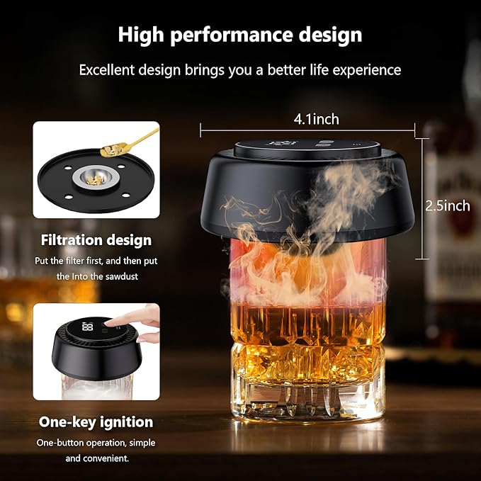 Electric Whiskey Smoker Kit with RGB Light, Built-in Lighter, Rechargeable Cocktail Smoker Kit with 6 Wood Chips, Old Fashioned Drink Smoker for Bourbon, Whiskey Gifts for Men (Black)