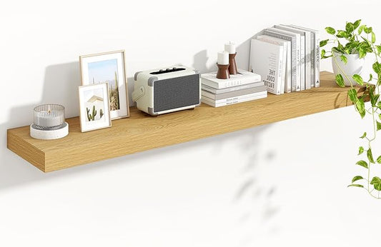 Heimlove 55 Inch Floating Shelves for Wall,10 Deep Large Rustic Wall Shelf with Heavy Duty Brackets,Wall Mounted Storage & Display Shelves for Bedroom,Living Room,Kitchen,Office,Oak Color