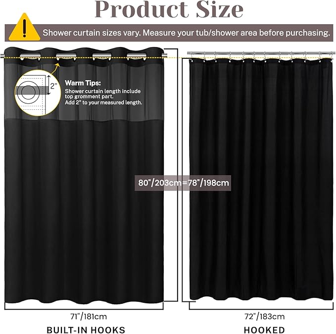 No Hook Slub Textured Shower Curtain with Snap in Liner - Black Fabric Outer Curtain & Waterproof Inner Liner, Hotel Style with See Through Top Window, 71x80 in