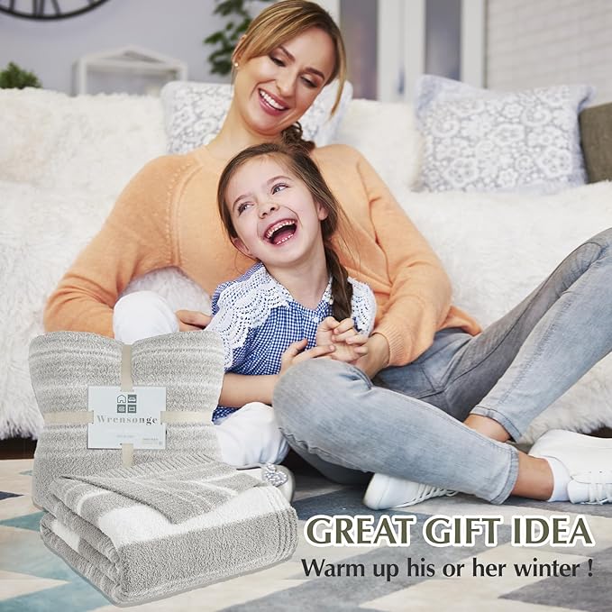 WRENGONGE Light Grey Throw Blanket, 50x70 Soft Cozy Striped Throw Blankets for Couch, Sofa, Bed, Travel, Lightweight Fluffy Warm Plush Decorative Blankets for Women, Men,Kids Gift