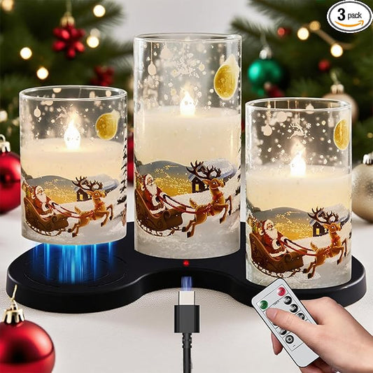 DRomance Santa Glass Flameless Candles Rechargeable Battery Operated with Remote and Timer Real Wax LED Flickering Pillar Candles White Cold Light Window Christmas Holiday Decor D3 x 4",5",6"
