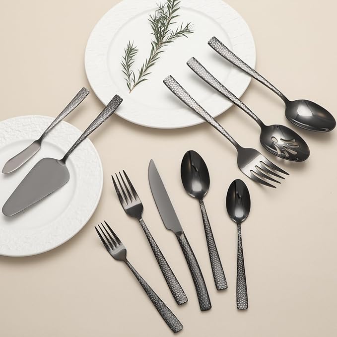 45-Piece Silverware Set with Serving Utensils Set, Black Hammered Stainless Steel Flatware for 8, Food-Grade Tableware, Including Fork, Knife, Spoon Set, Home Kitchen Cutlery, Dishwasher Safe