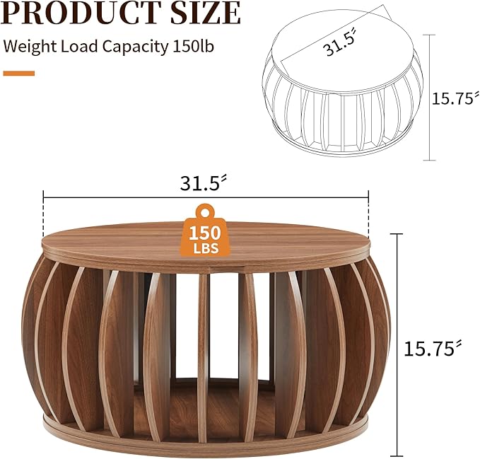 Drum Coffee Table with Storage,31.5” Wood Round Coffee Table,Farmhouse Pumpkin-Shaped Center Table for Living Room Home Office (Walnut)