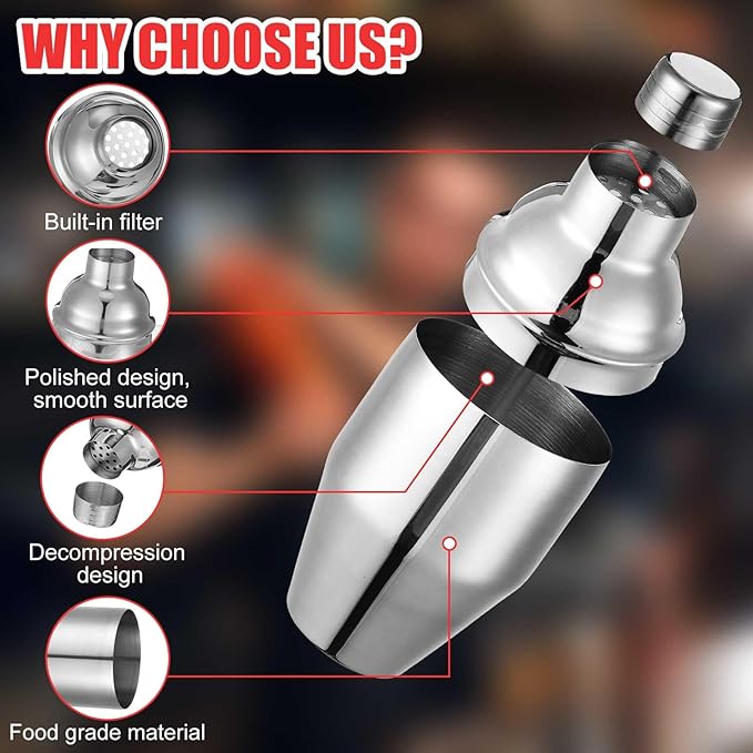 Nitial 9 Pcs Bar Cocktail Shaker Professional Stainless Steel Martini Drink Mixer with Built-in Strainer for Bartending No Leaks Boston Shaker for Bar Party Drink Mixing Tool(8 oz)