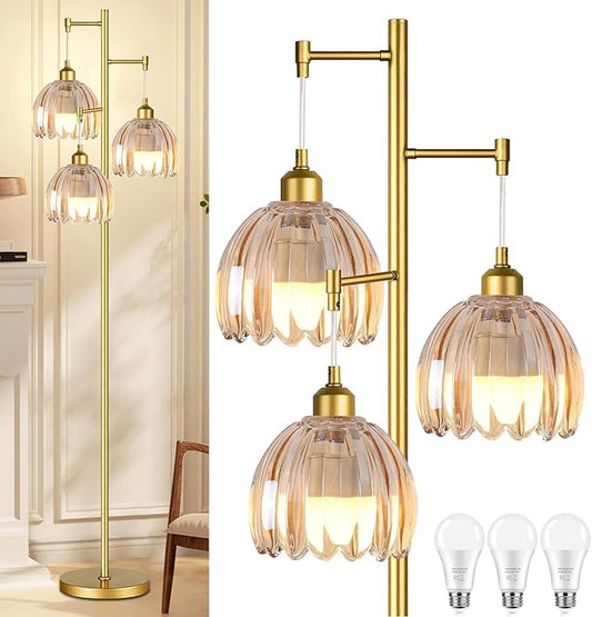 Modern Floor Lamp for Living Room Bedroom-3 Light Gold Floor Lamp with Glass Lampshape, Flower Tall Lamp Glass Standing Lamp Tree Floor Lamps for Living Room Bedroom,Corner