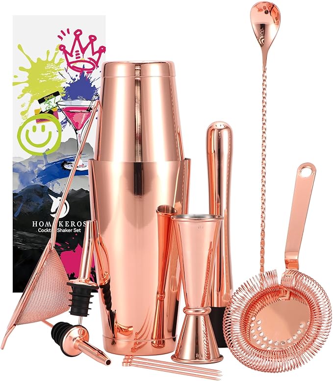 Boston Shaker Set Rose Gold, Stainless Steel Cocktail Shaker Set, 12 Pcs Bartender Kit Includes 18oz & 28oz Shaker Tins, Cocktail Strainer Set, Japanese Jigger and Bar Accessories