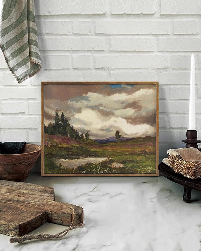 KISSFOX Vintage Landscape Canvas Wall Art Farmhouse Hills Pond Clouds Framed Wall Art Natural Countryside Paintings Artwork Rustic Art Prints For Bedroom Bathroom Living Room