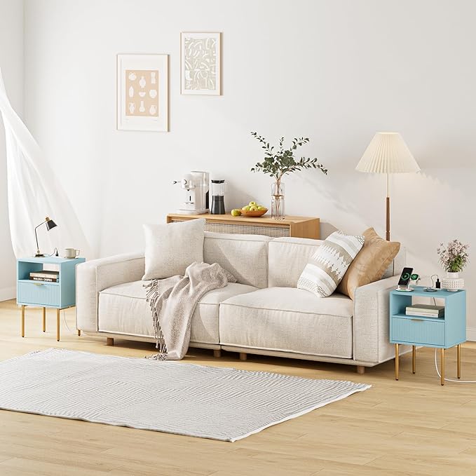 Masupu Nightstand with Charging Station,Mid-Century Modern Bedside Table with Storage Drawer and Open Wood Shelf,Small Gold Frame Side Table for Bedroom,Living Room (Blue)