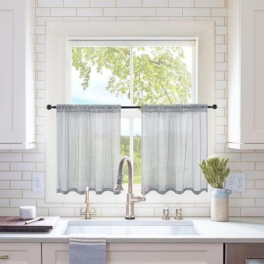 MIULEE 2 Panels Kitchen Tiers Half Window Sheer Curtains Rod Pocket Translucent Voile Drapes for Kitchen Bathroom Small Windows 29 by 24 Inch Dark Grey