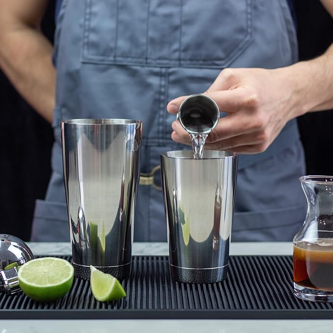 Professional Cocktail Shaker Set Bartending Kit: Weighted Boston Shaker Tins, Hawthorne Strainer and Japanese Jigger