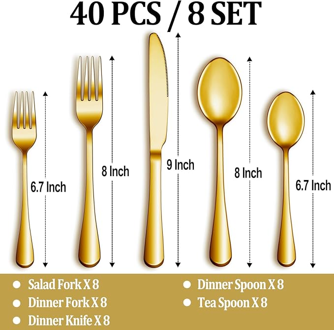 40 Pcs Gold Silverware Set Service for 8, Premium Stainless Steel Flatware Set, Cutlery Utensil Set, Durable Home Kitchen Eating Tableware Set, Include Fork Knife Spoon Set, Dishwasher Safe