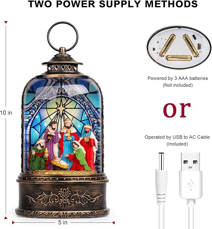 Christmas Snow Globe Swirling Glittering Nativity Scene with Music, USB Lined/Battery Operated Lighted Water Lantern for Christmas Festival Decoration Gifts