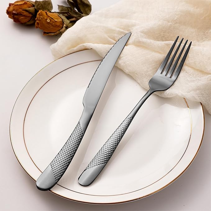 24-Piece Black Hammered Silverware Set, Food-Grade Stainless Steel Flatware Service for 6, Modern Cutlery Utensil Set with Forks Knives Spoons, Mirror Polished, Dishwasher Safe for Home Kitchen Dining