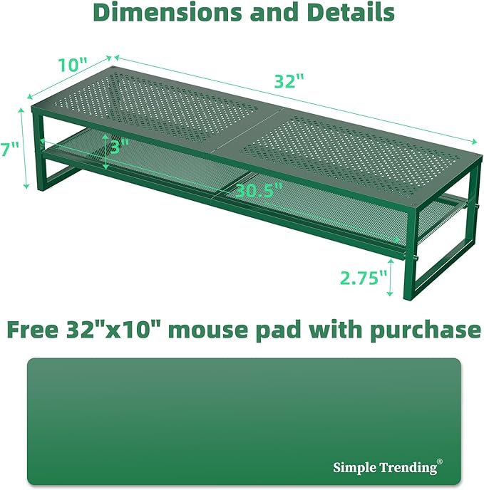 Simple Trending 2 Tier Metal Dual Monitor Stand Riser, Computer Office Desktop Organizer for 2 Monitors with 32"x10" Mouse Pad for Laptop, Printer, TV, Green