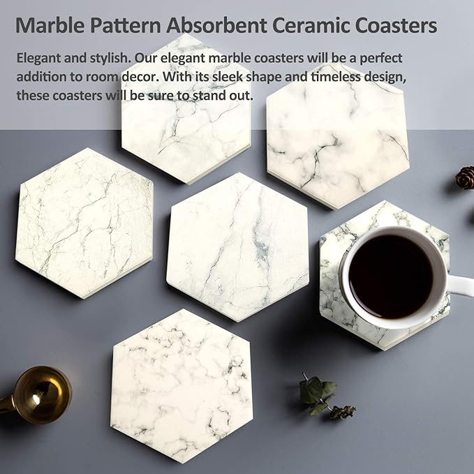 8 Pcs Drink Coasters with Metal Holder Stand, Marble Design Ceramic Coaster Set, Cork Base, for Tabletop Protection, Home Decor, Bar Coasters (Black+White)