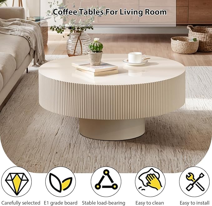 Round Fluted Coffee Table Mid Century Modern Coffee Tables with Handcrafted Relief Circle Drum End Table Rustic Industrial Center Tables for Apartment Living Room (White Round Thick)