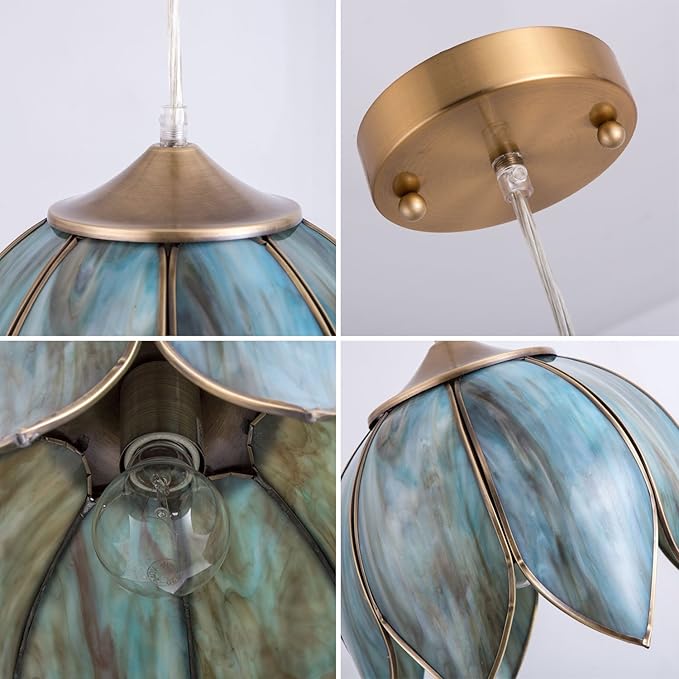 Pendant Lighting, Vintage Oriental Lotus Brass Ceiling Pendant Light Fixture, Mixed Blue-Green Glass Hanging Lamp for Kitchen Island Dining Room Living Room Sideway Shops, UL Listed