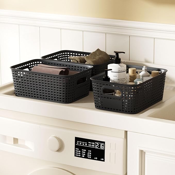 Small Storage Bins with Bamboo Lid, Plastic Storage Box with Lid, 5QT Stackable Organizing Basket with Lable, Storage Container for Classroom, Office, Closet, Shelf Organization, 10x7x4 In-Black-6 Pcs