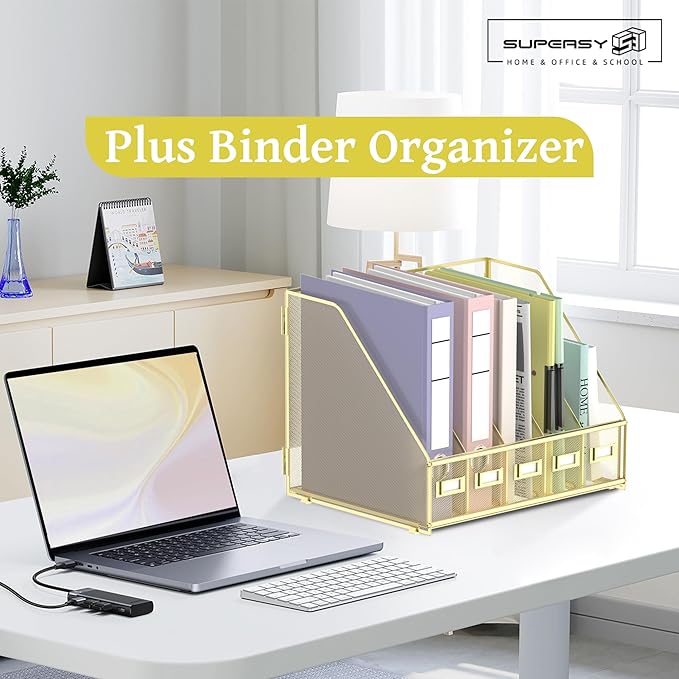 SUPEASY Desk Organizers Metal Desk Magazine File Holder with 5 Vertical Compartments Rack File Organizer for Office Desktop, Home Workspace, Gold Plus