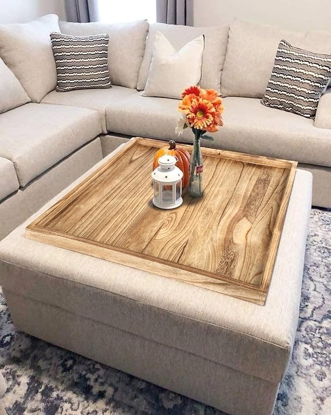 Square Ottoman Table Tray 24" - Rustic Wooden Serving Tray for Farmhouse Decorative Oversized Coffee Table Trays Living Room Kitchen Counter Breakfast Nature