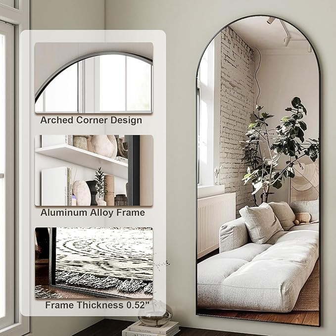 HARRITPURE 64"x21" Arched Full Length Mirror Free Standing Leaning Wall-Mounted Mirror Aluminum Frame Modern Mirrors for Living Room Bedroom Cloakroom, Black