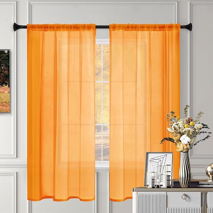 Sheer Curtains 72 Inches Long 2 Panels, Rod Pocket Short Curtain for Kitchen, Bedroom, Cafe Window(Orange 38" W x 72" L)