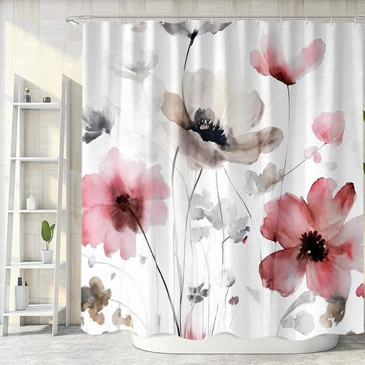 Boho Floral Shower Curtain, Cream Tan Beige Red Grey White Flower Farmhouse Fabric Shower Curtains Set for Bathroom Decorative with Hooks 72 X 72 inch Spring Bath Decor