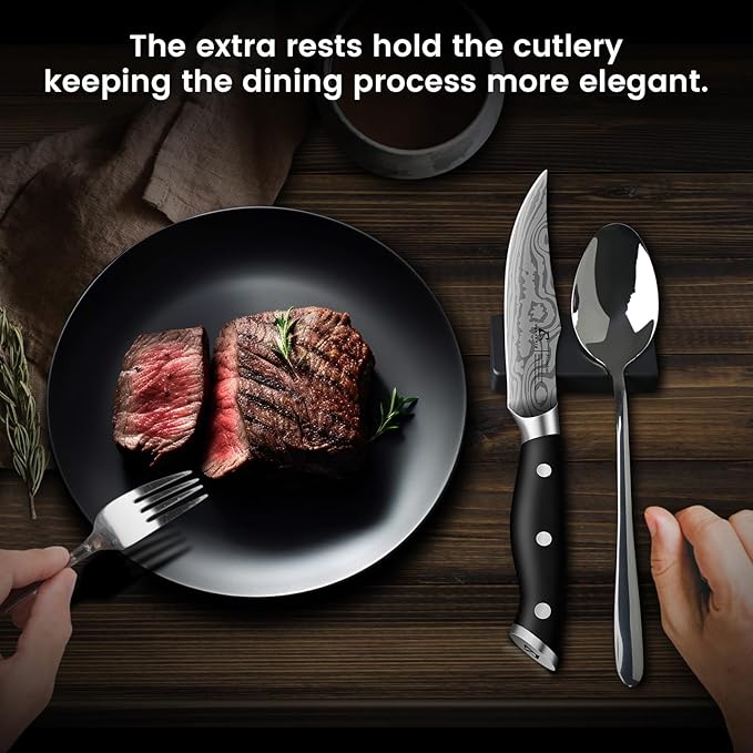 Steak Knives Set of 8, 4.8 Inch Straight Edge Ultra Sharp Durable Meat knives with Rest, High Carbon Stainless Steel Damascus Pattern Triple Rivet Handle, Ideal for Home Restaurant Party