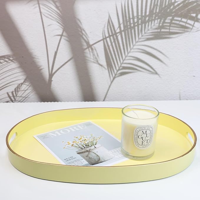 Spsyrine Yellow Plastic Serving Tray for Ottoman, Coffee Table, Oval Decorative Tray for Entertaining, Outdoor, Living Room, Home Decor