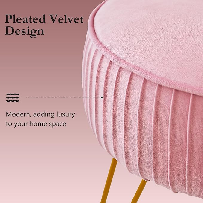 Velvet Vanity Stool Chair, Round Makeup Vanity Chair with Adjustable Metal Legs & Soft Padded Seat, Ottoman Foot Stool for Bedroom, Living Room, Entryway, Pink