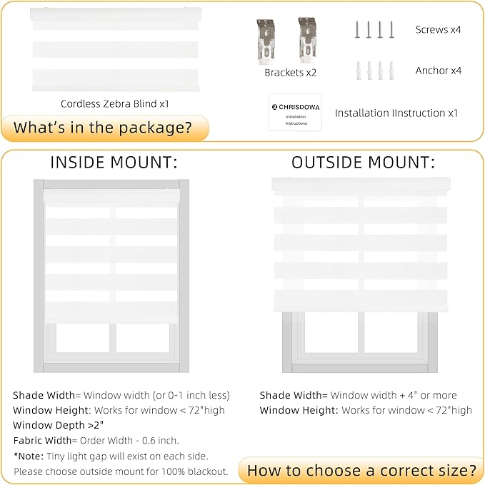 ChrisDowa Cordless Zebra Blinds for Windows, Dual Layer Free-Stop Light Filtering Window Roller Shades, Pull Down Privacy Zebra Shades for Home, Office, Bedroom, Door (45" W x 72" H, White)