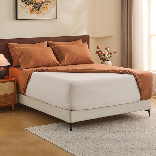 MEISHANG 100% French Pure Linen Sheets King Size - 6 PC Extra Deep Pocket Sheet Set, Soft Durable Flax Linen, Anti-Tear Breathable & Oeko-Tex Certified 18-24 Deep Pocket,All Season(Orange)