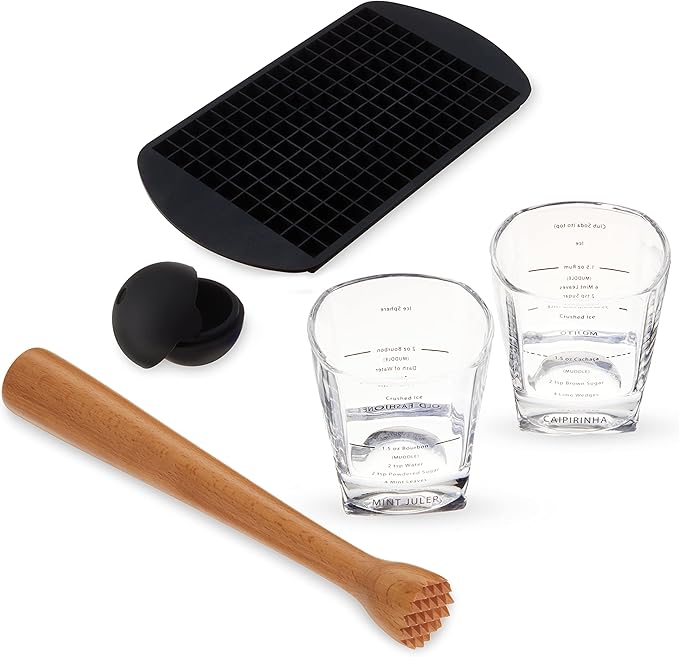 True Muddled Cocktail Kit with 2 Recipe Lowball Tumblers, Wooden Muddler, Silicone Ice Sphere Mold and Mini Pebble Ice Tray, Set of 5
