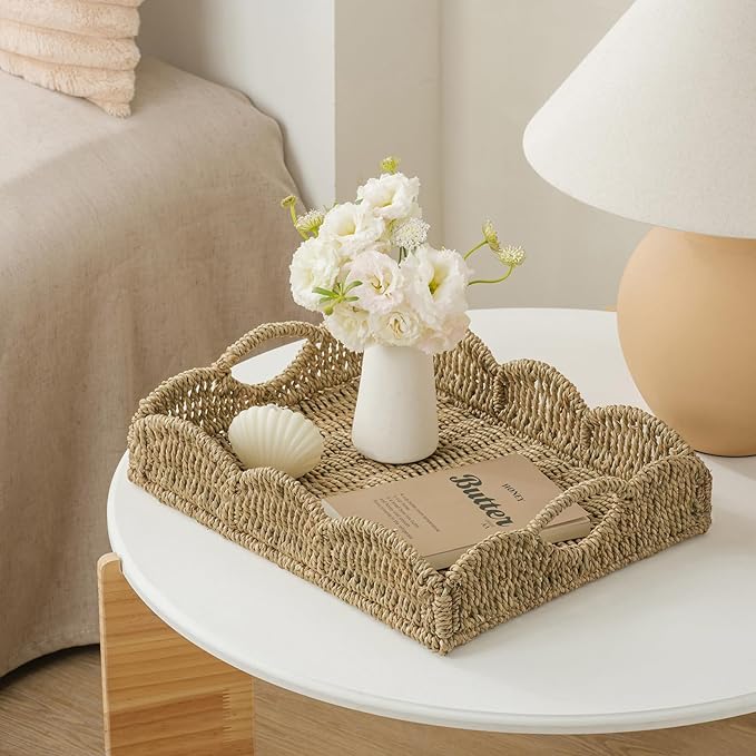 Wicker Tray, Handwoven Woven Tray with Handles and Scalloped Edge, Rectangle Wicker Basket for Home Decor and Organizing, 16.9" L x 12.9" W x 1.96" H