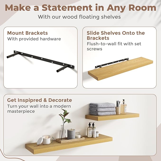 Floating Shelves for Wall with Invisible Brackets, Wall Mounted Engineered Wood Shelves with Wood Grain for Living Room, Bedroom, Bathroom, Kitchen Decor and Storage, Oak, 36"L Set of 2, Oak