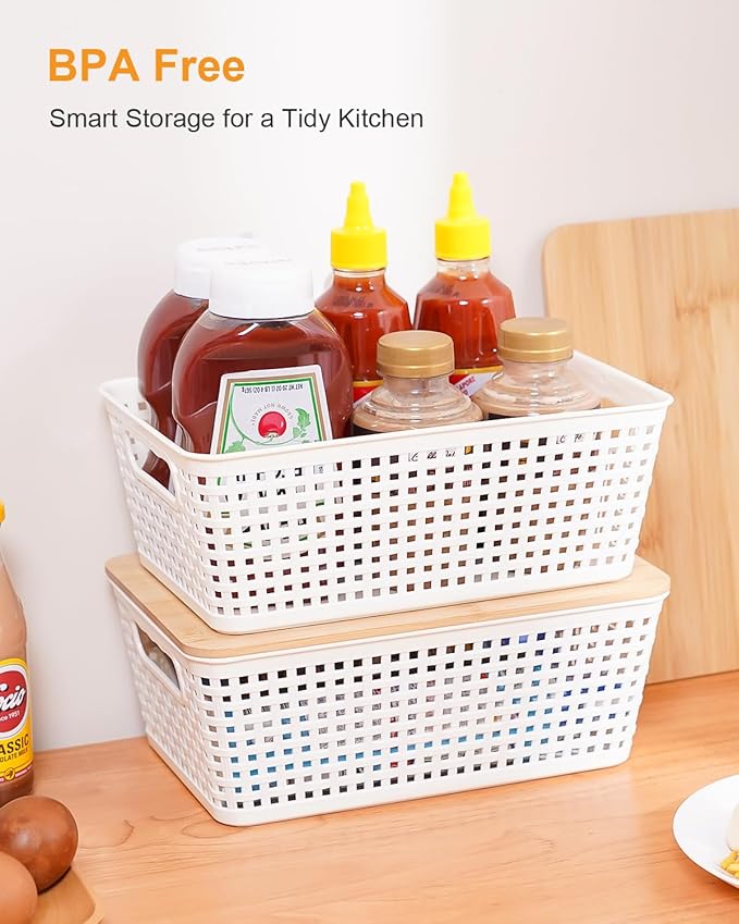 Storage Bins with Lids 10 Packs, Plastic Storage Bins with Bamboo Lids for Pantry Organization and Storage Containers for Shelves Drawers Desktop Closet Playroom Classroom Office Home, White