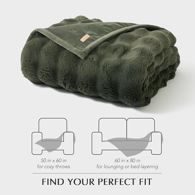 EverGrace Ultra Soft Luxury Fluffy Faux Rabbit Fur Throw Blanket, Thick Warm Bubble Throw for Bed, Cozy Plush Reversible Blankets for Couch, Chair, Sofa, Green, 60x80 Inches