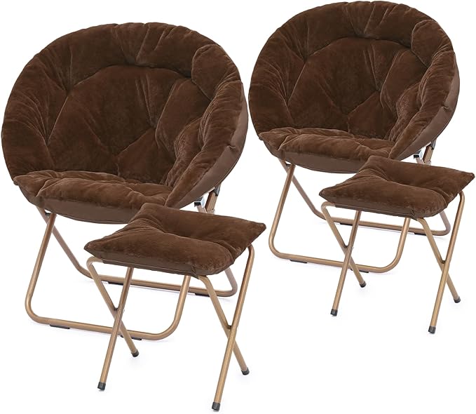 Athena Collection Saucer Chair with Ottoman Comfy Chair for Bed Room Living Room Folding Round Cozy Chair Faux Fur Metal Frame Foldable Lazy Chair Accent Chair Reading Chair Set of 2, Brown