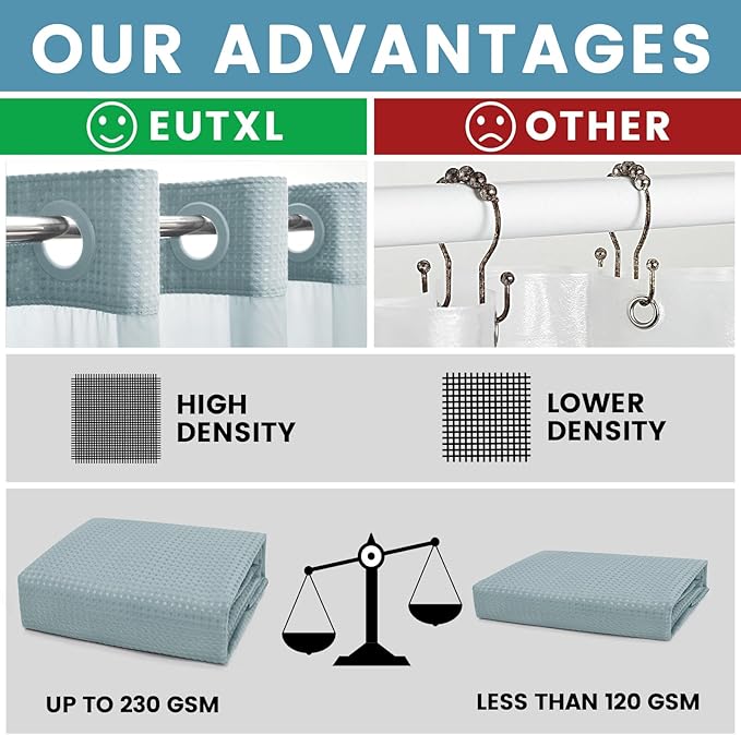 Fog Blue Long No Hook Shower Curtain with Snap in Liner,230GSM Waffle Weave Shower Curtains for Bathroom,71W x 86H