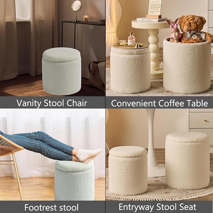 Round Ottoman with Storage Set of 2-Upholstered Sherpa Vanity Stool for Makeup Multifunctional Ottomans Coffee Table Padded Seat Foot Rest for Living Room&Bedroom(Sherpa White)