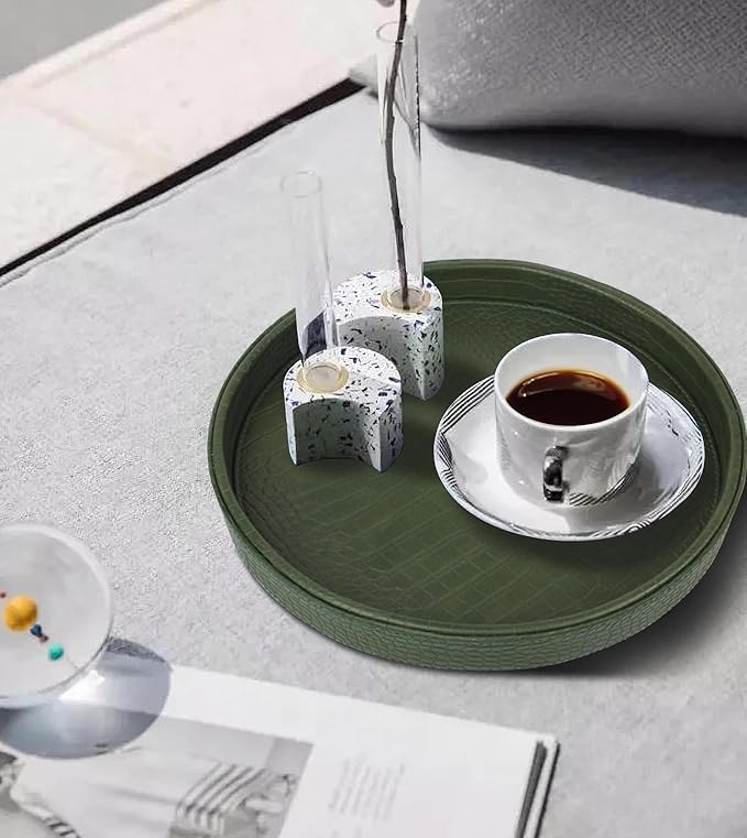 HofferRuffer Faux Leather Round Serving Tray, Vegan Croco Leather Decorative Tray, Food Tray for Storage Drinks, Snack & Cosmetics, Dia.12'' x 1.6'' (Green)