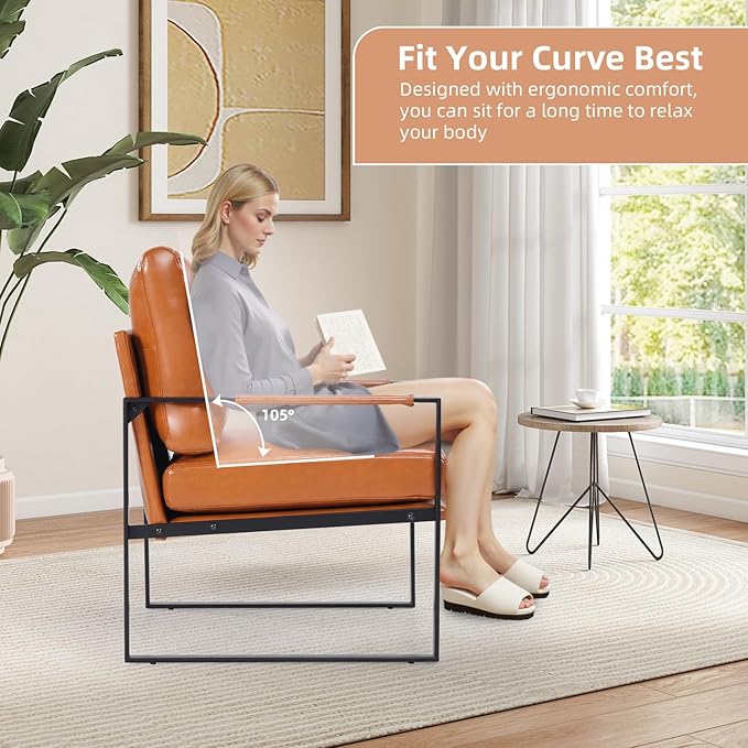 INZOY Mid Century Modern Accent Chair with Removable Cushions, Comfy PU Leather Living Room Chairs with Thicker Backrest and Cushion, Metal Frame Design, Brown