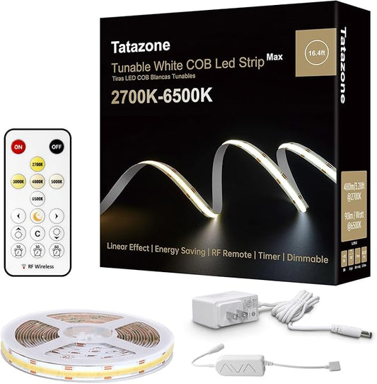 6.56ft Tunable White COB Led Strip Light with RF Remote, Dimmable CCT 2700K-6500K COB Led Tape Lights, Adhesive High Density Led Light Strip for Bedroom, Kitchen, Cabinet
