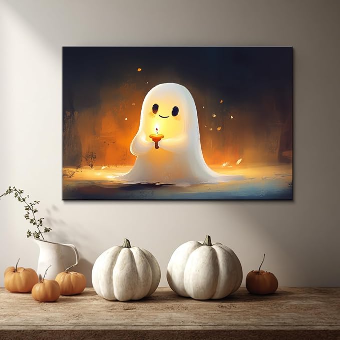 BANHUA1 Vintage Halloween Canvas Wall Art, Cute Ghost with Candle Picture Print, Dark Academia Wall Decor for Home, Living Room, Bedroom, 48 x 36 Inch
