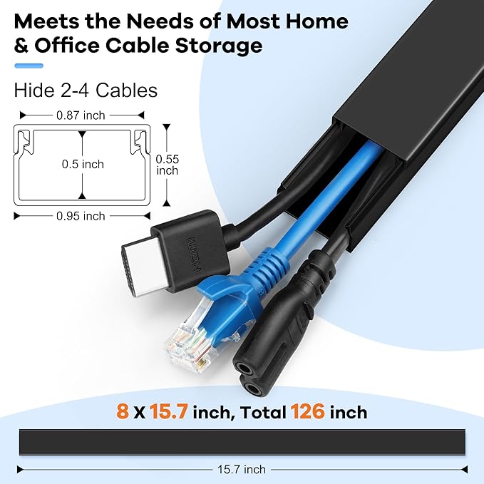 126in Cord Hider Kit, Wire Hiders for TV on Wall, Paintable Cable Management Kit, Wire Cover for Wall Mount TV, Hide Wires Along Wall, Black Cord Cover Wall Wire Management, 8xL15.7in W0.95in H0.55in