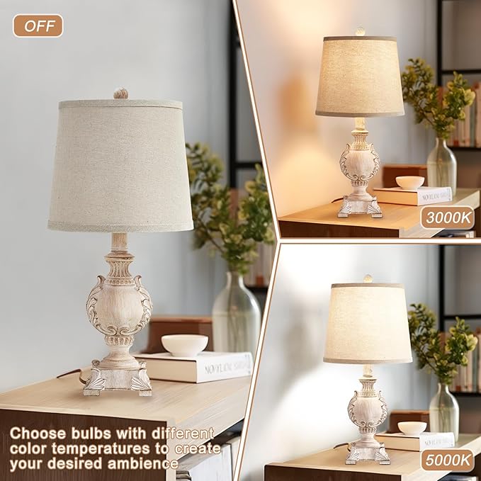21'' Small Table Lamps Set of 2 Farmhouse Bedside Lamps for Bedroom Nightstand Vintage Carved Floral Side Table Lamps for Living Room Kids Home Office, Wooden Finish, Bulb Not Include
