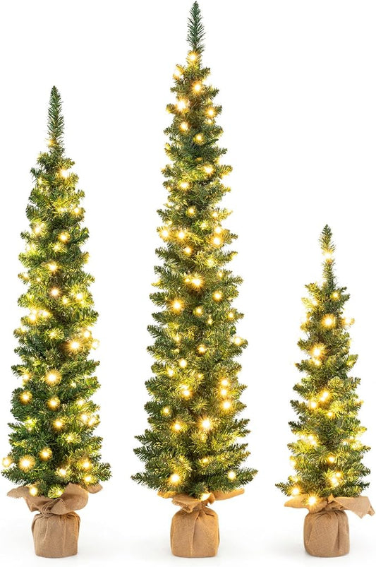 GOFLAME Set of 3 Pre-Lit Christmas Trees, Pencil Artificial Christmas Trees 3Ft, 4Ft and 5Ft with Warm White LED Lights, Burlap Base, Seasonal Holiday Decoration Tree for Home Party