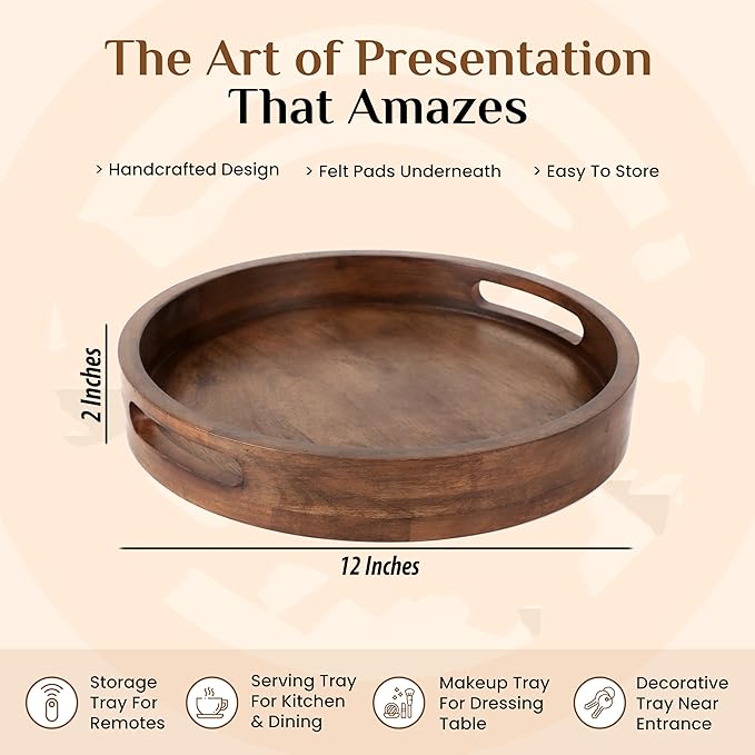 Rustic Wooden Serving Tray - 12" Round Handcrafted Ottoman Tray - Farmhouse & Vintage Centerpiece, Multi-Functional Food & Beverage Tray, Durable Décor, Indoor/Outdoor Platter (Walnut) - CLEENTABLE