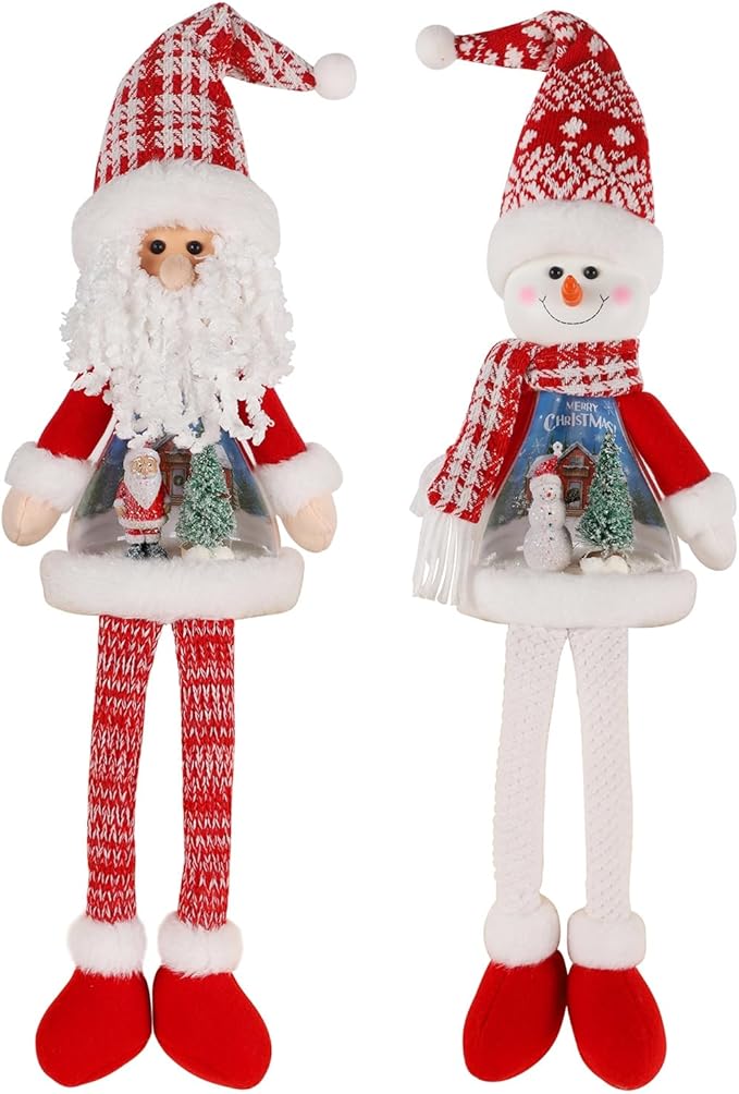 Juegoal 2 Pack Lighted Christmas Santa & Snowman with Dangling Legs, 24" Handmade Plush Figurines with Miniature Xmas Scenes in Belly, Battery Operated Tabletop Dinner Party Ornaments